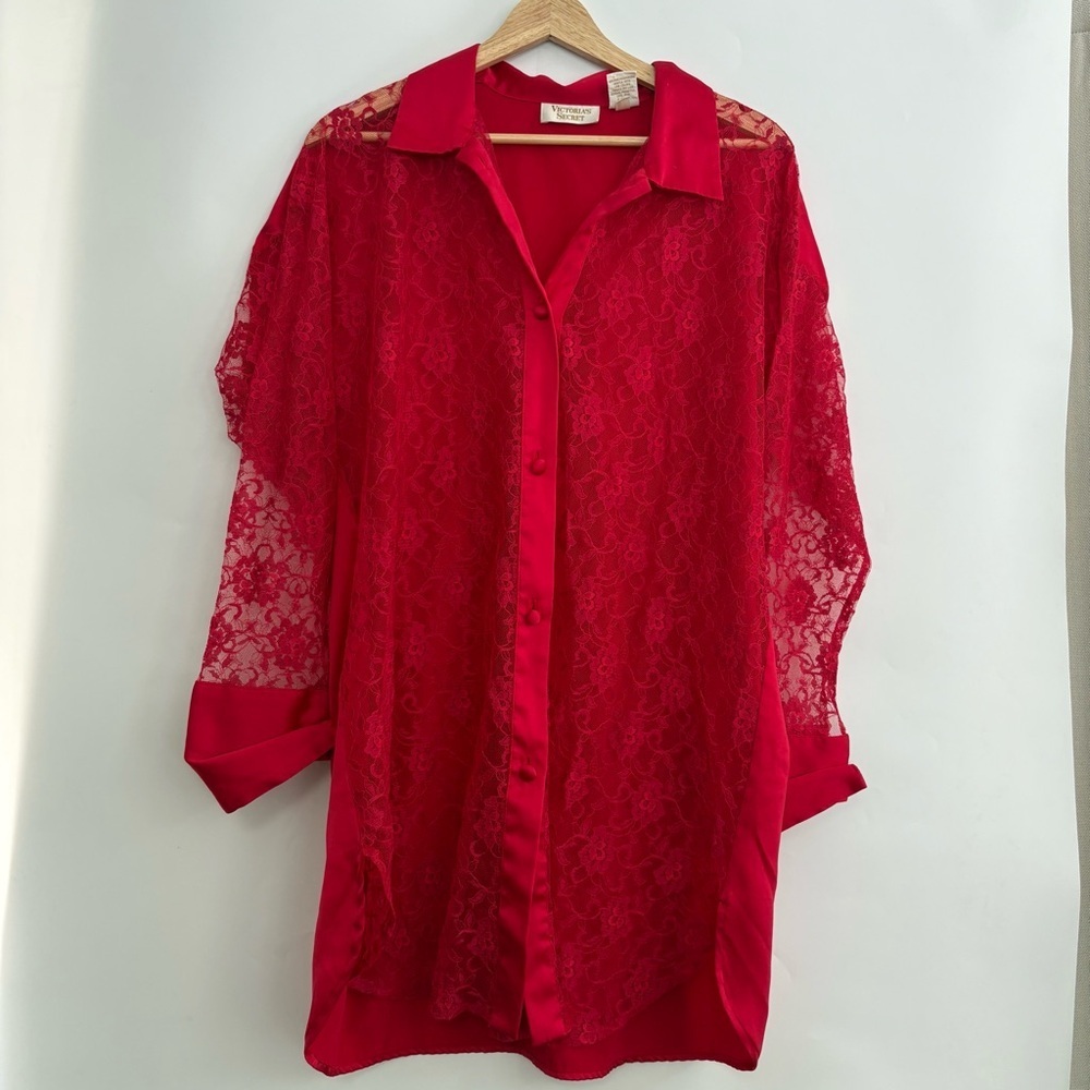 Victoria’s Secret Vintage Gold Label Red Satin Lace Button Down Nightgown Tunic